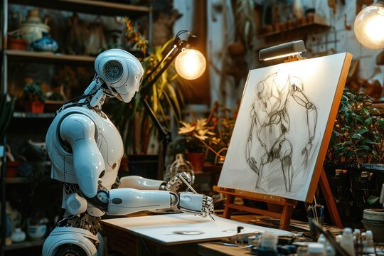 A robot sits in front of a painting, observing it intently, A robot artist sketching a still life, AI Generated