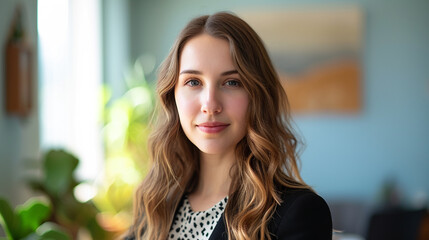 Fototapeta premium Posing for a headshot against an Easter-themed backdrop in a brightly lighted office, this confident woman exudes professionalism.