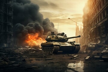 A tank driving through a war-torn city, with smoke and destruction in the background - obrazy, fototapety, plakaty