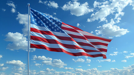 Obraz premium Imagine a vibrant American flag billowing in the wind against a clear blue sky, its red, white, and blue colors symbolizing patriotism and unity
