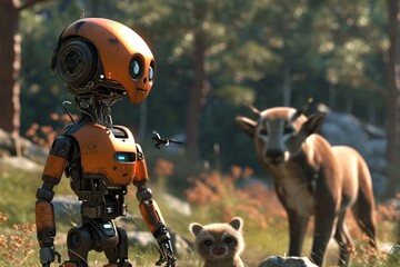 A robot and a baby animal standing together in a field, A robot interacting with wild animals, AI...