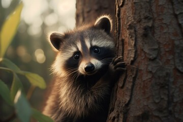A baby raccoon peeking out from behind a tree, its eyes wide and its fur ruffled from the wind