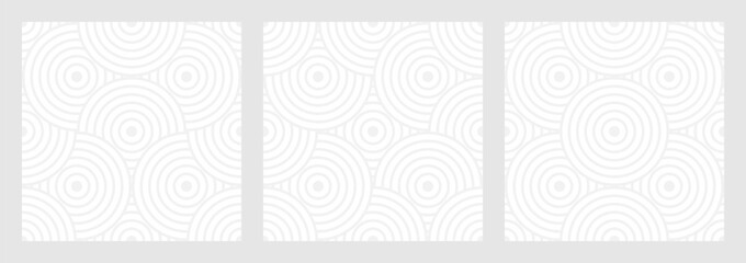 Set of seamless gray patterns of circles arcs lines to create fabric and wallpaper, easy background for Christmas card. Geometric white shapes in trendy retro style for cover decoration.