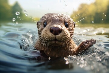 A baby otter swimming in a river, its fur glistening in the sunlight and its eyes wide with curiosity - obrazy, fototapety, plakaty