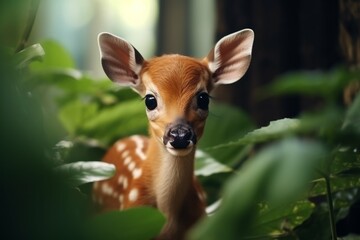 A baby deer fawn nibbling on a leaf, its large eyes looking around for danger