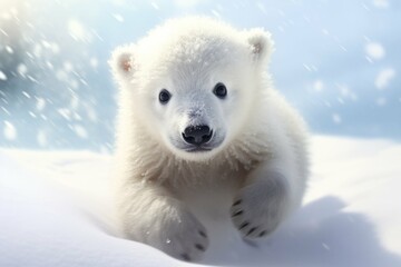 A baby polar bear playing in the snow, its white fur blending into the winter landscape