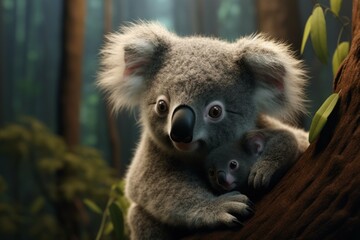 Fototapeta premium A baby koala bear clinging to its mother's back