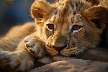 Naklejka premium A baby lion cub resting its head on its mother's paw