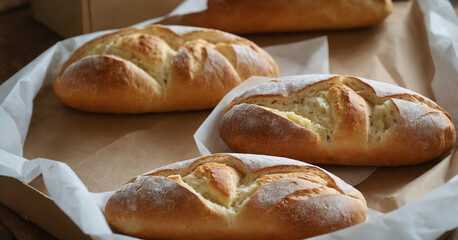 Freshly baked bread in paper bag, ready for sale at the bakery.