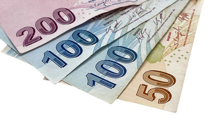 Fanned Turkish Lira banknotes in denominations of 200, 100, and 50, displaying the modern currency...