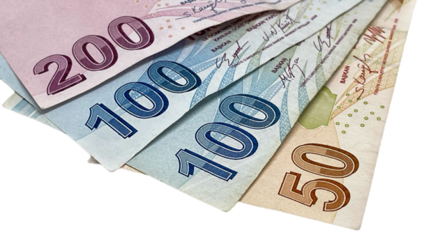 Fanned Turkish Lira banknotes in denominations of 200, 100, and 50, displaying the modern currency design and color variations, suitable for financial and economic content.