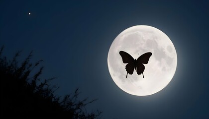 A Butterfly Silhouette Against A Full Moon