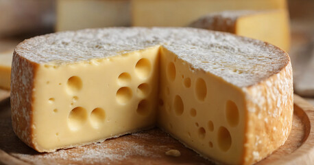 Close-up of Swiss cheese with its characteristic holes on a textured background.