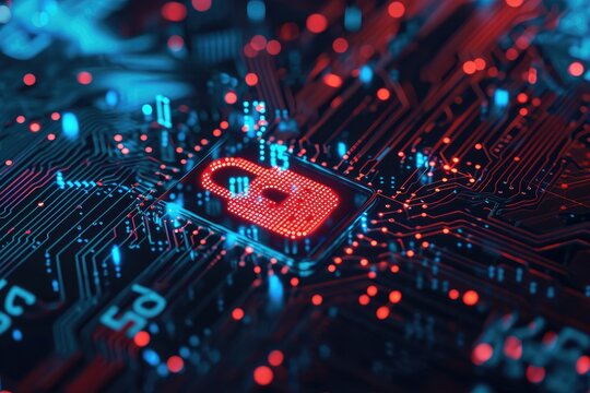 A close-up photo of a lock attached to a circuit board, featuring vibrant red and blue lights, Layers of defense in a cyber security system, AI Generated