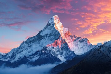 Naklejka premium A stunning mountain peak stands tall against a vibrant pink sky, creating a breathtaking scene, Majestic snow-capped mountain peaks against a sunrise backdrop, AI Generated