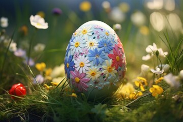 A close up of a colorful Easter egg adorned with a pattern of pastel spring flowers, resting on a bed of green grass and colorful wildflowers