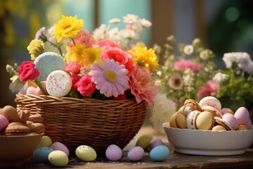 A close up of a traditional Easter basket filled with colorful eggs, spring flowers, and Easter treats
