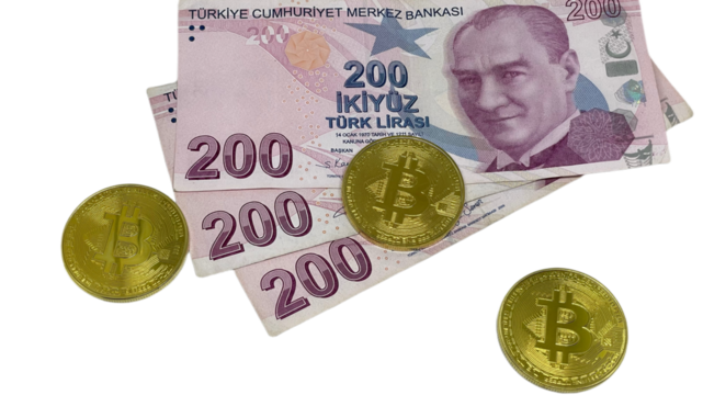 Turkish Lira notes with golden Bitcoin coins, representing convergence of traditional and digital currencies in modern finance, for themes of economic transition, investment, changing nature of money.