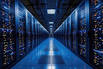 A photo showcasing neatly arranged rows of servers in a high-tech data center, Massive server room with endless racks, AI Generated