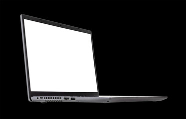 white mock up on laptop screen isolated on black background side view