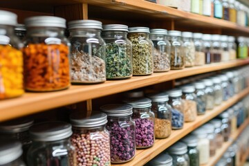 A shelf packed with numerous types of spices, showcasing a range of flavors and colors, Medicine bottles on a pharmacy shelf, AI Generated