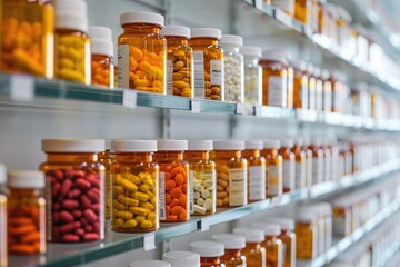 A diverse collection of pills, ranging from different colors, shapes, and sizes, neatly arranged on a shelf, Medicine bottles on a pharmacy shelf, AI Generated - obrazy, fototapety, plakaty
