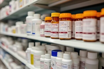 Obraz na płótnie Canvas A pharmacy shelf displaying a wide variety of medicine bottles neatly arranged in rows, Medicine bottles on a pharmacy shelf, AI Generated