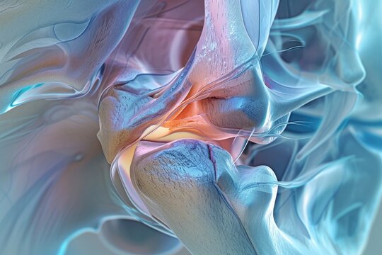A detailed close up of a persons knee, showcasing the joint in the middle, Medical illustration of a ligament tear, AI Generated