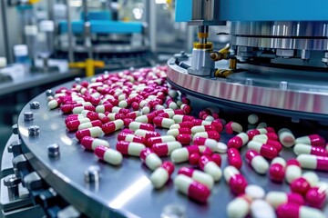 Obraz premium A machine in operation, producing red and white pills as they move along a conveyor belt, Medicines and drugs being produced by automated machines, AI Generated