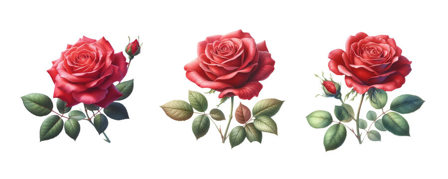 set of watercolor art roses isolated on transparent PNG background