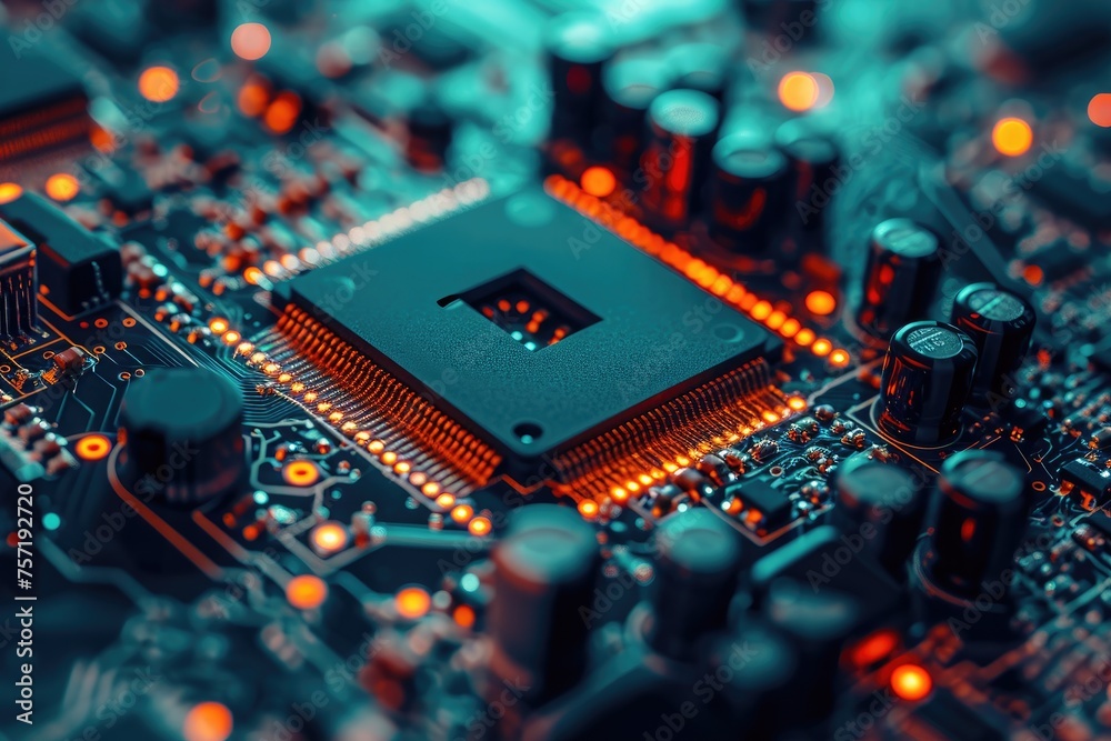 Poster this close-up photograph showcases the intricate details of a computer processor chip, revealing its