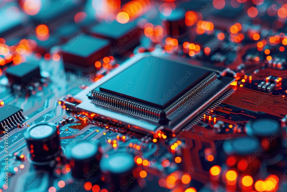 Poster this close up view captures the intricate details and components of a computer motherboard, micropro