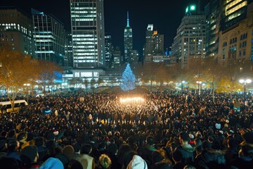 A bustling cityscape captured at night reveals a massive gathering of people engaged in various activities, Menorah lighting ceremony in a bustling city square, AI Generated - obrazy, fototapety, plakaty
