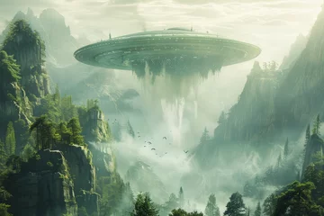 Papier Peint photo Lavable Olive verte A mysterious alien spaceship floating above an otherworldly landscape, surrounded by misty mountains and lush forests. 