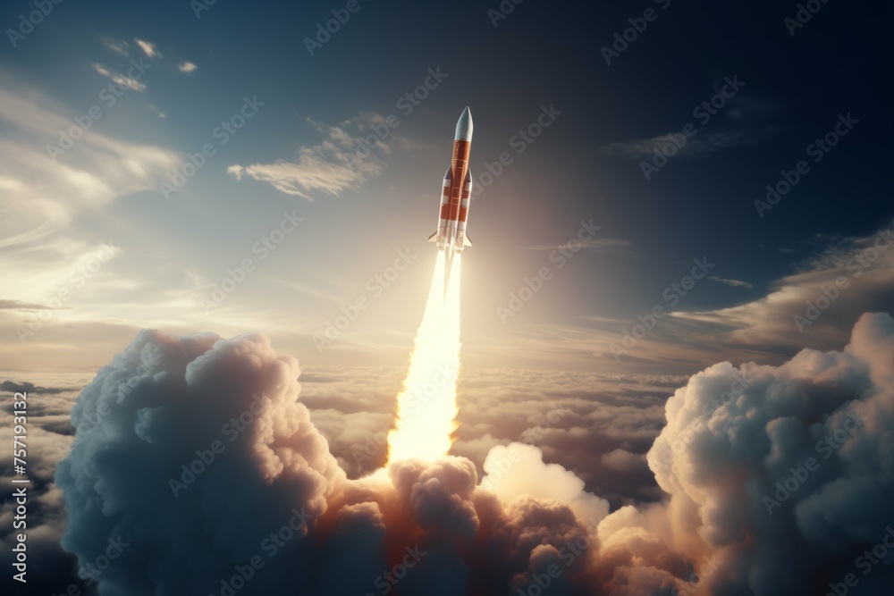 Wall mural a shot of a rocket launching into space, with a bright trail of fire and smoke in its wake