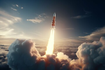 A shot of a rocket launching into space, with a bright trail of fire and smoke in its wake