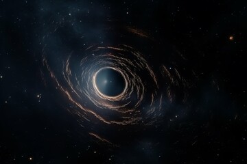 A shot of a distant black hole, with its dark matter illuminated in the darkness of space