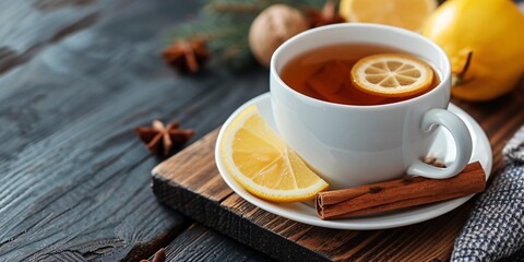 a cup of tea with lemon slices and cinnamon on a wooden surface
