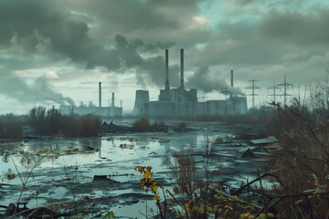 Obraz premium a nuclear plant polluting and the landscape destroyed