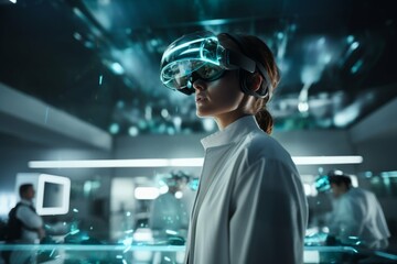 A person wearing a virtual reality headset and standing in a futuristic laboratory - obrazy, fototapety, plakaty