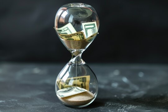 Hourglass Filled With Money - Symbol of Wealth and Time, Money-filled hourglass showing the increasing speed of inflation over time, AI Generated