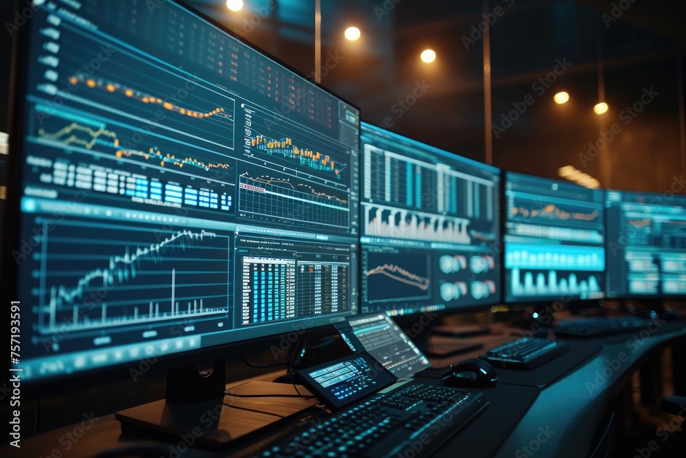 Poster a straightforward photo showing a row of computer monitors sitting on top of a desk, multiple comput