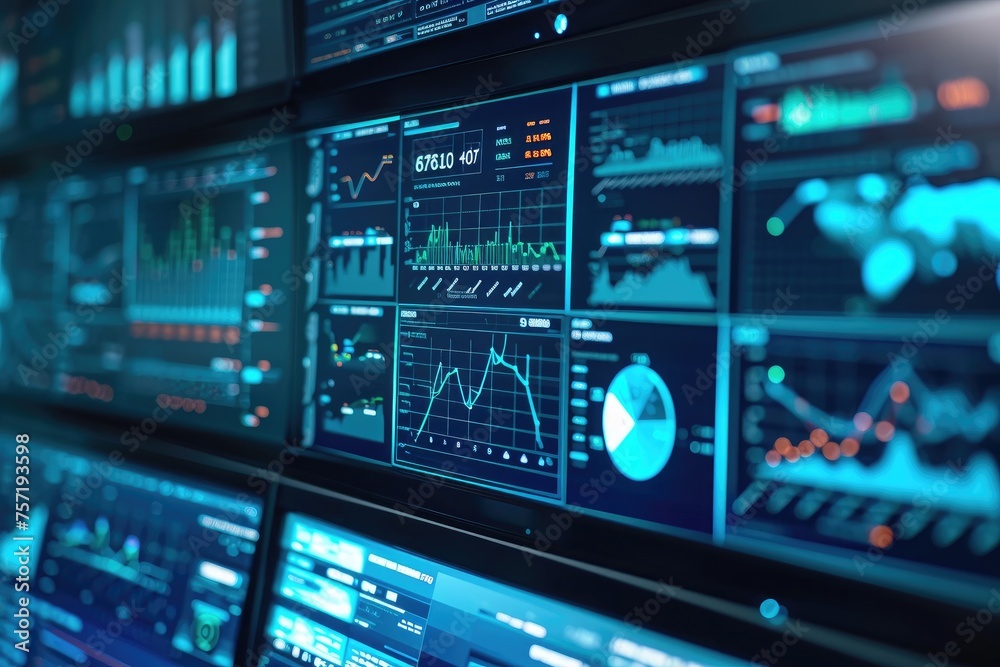 Poster a collection of numerous monitors displayed on a wall, showcasing a multitude of screens, multiple c