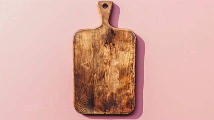 A wooden cutting board resting on a vibrant pink background