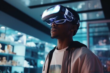 A person wearing a futuristic, augmented reality headset, exploring a virtual world