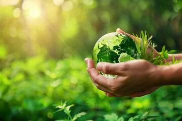 You have hands holding a globe and green grasses in the background