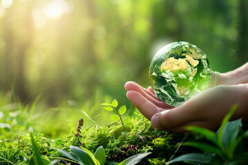 You have hands holding a globe and green grasses in the background