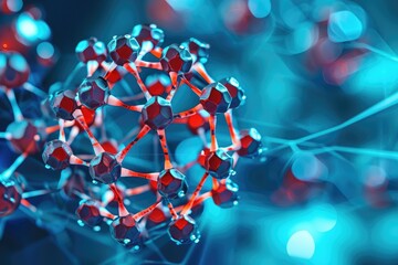 This close-up photo showcases a vivid red and blue object in sharp detail, Nanoparticles self-assembling into a larger structure, AI Generated - Powered by Adobe