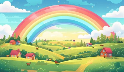 A rainbow arching over rolling hills, with farmhouses nestled in the valley below. The scene is set against a backdrop of clouds and trees, - obrazy, fototapety, plakaty