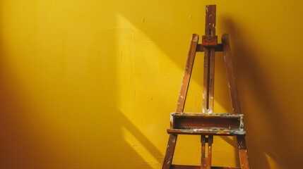 A weathered wooden ladder rests against a vibrant yellow wall